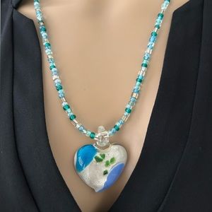 Handmade Blue Beaded Necklace with Murano Glass Heart Pendant